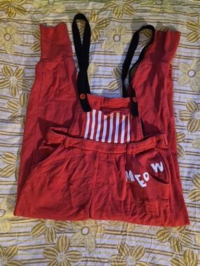 Red 'Meow' Striped Bib Jumpsuit
